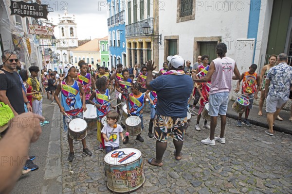 Traditional drumming group in the historic old town, Salvador, State of Bahia, Brazil, South