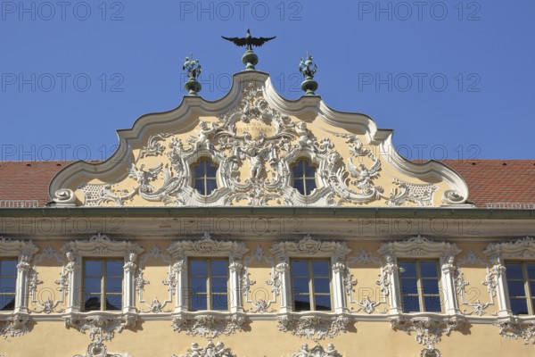 Tail gable with stucco and ornamentation in the rococo at the Haus zum Falken, Falkenhaus, gable,