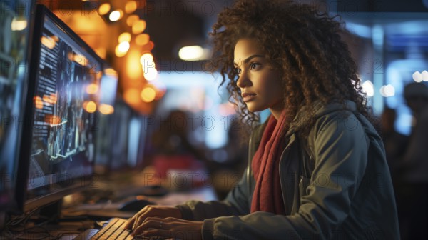 Busy young african american girl working on a computer in an office setting. generative AI