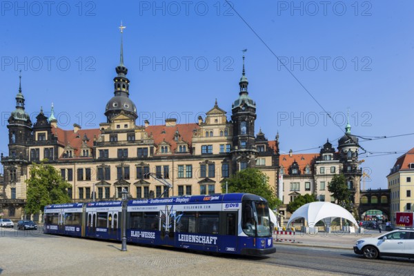 Modern DVB tram in Dresden city centre, Dophienstrasse at the Residence Palace