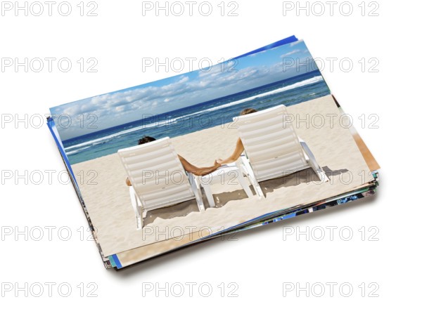 Holidays beach honeymoon concept creative background, stack of vacation photos with couple on beach