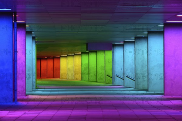 Colorful mulitcolord illuminated gallery tunnel rainbow passage under NAI building, Nederlands