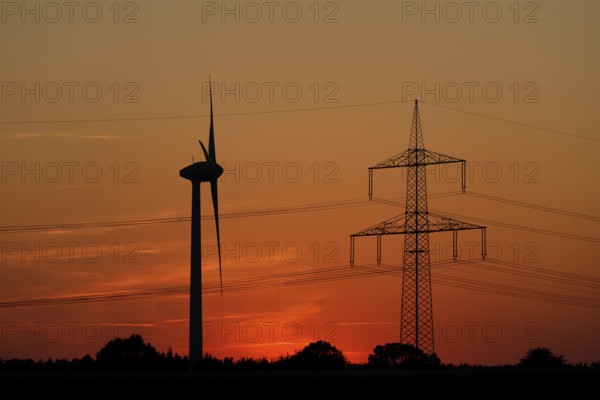 Sunset, sunset red, wind power station, high-voltage pylon, Melbeck, Ilmenau joint municipality,
