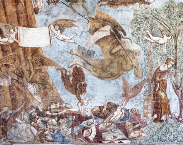 Death with the scythe, angels and devils fighting for the souls coming out of the dead, detail from