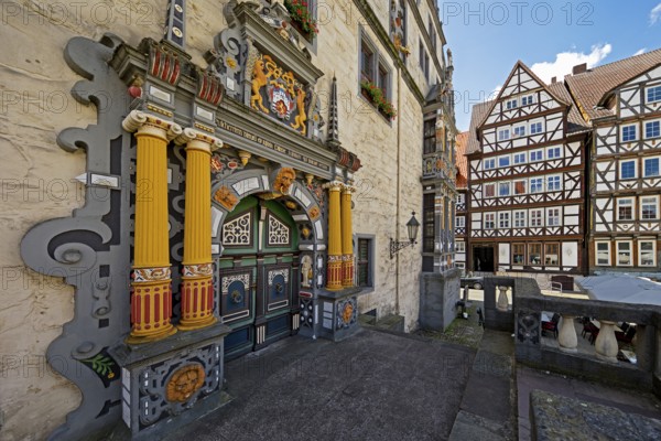 Main portal with colourful wood carving on Münden Town Hall, Weser Renaissance, Hann. Münden or