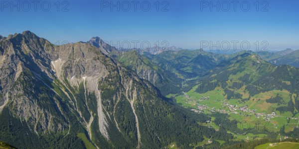 Panorama from the Walser Hammerspitze, 2170m, into Kleinwalsertal, Allgäu Alps, Vorarlberg,