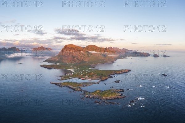 Fishing village Hovden, coast, fjords and mountains, Langøya island, Vesterålen archipelago,
