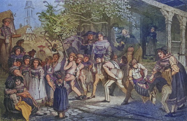 Celebration of Whitsun in 1880 in Alsace, France, Historical, digitally restored reproduction of a