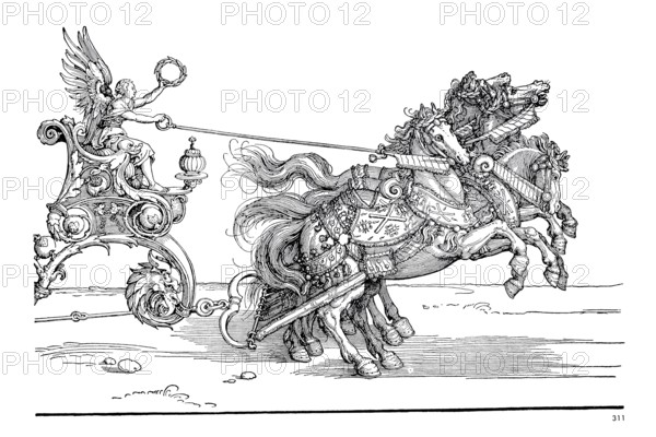 The so-called Small Triumphal Chariot, the Burgundian Wedding, woodcut by Albrecht Dürer,