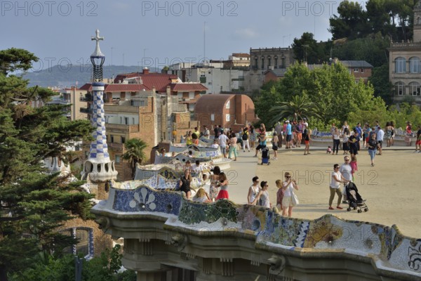 Undulating benches on the viewing platform of Parc Güell, by architect Antoni Gaudí, UNESCO World