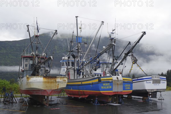 Commercial fishing boats lying on dry land, Autumn, Valdez, Richardson Highway, Alaska, USA, North