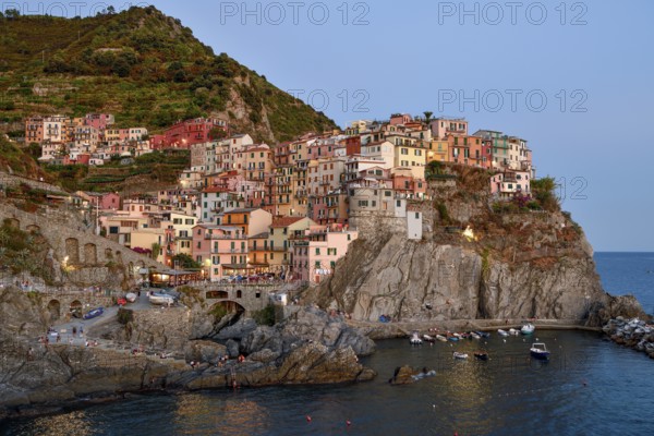Fishing village of Manarola, blue hour, district of Riomaggiore, Cinque Terre, province of La