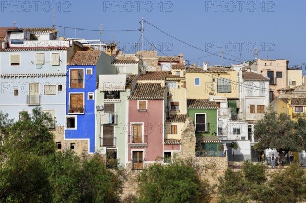 Colourful house facades, La Vila Joiosa, Villajoiosa, Costa Blanca, Valencian Country, Spain,