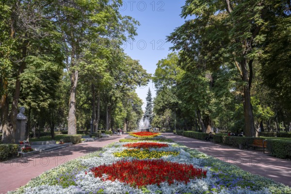 Strollers, flower bed in Panfilov Park, municipal park in Bishkek, Kyrgyzstan, Asia