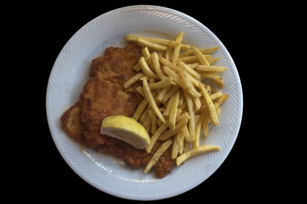 Wiener Schnitzel with french fries on a black background, Franconia, Bavaria, Germany, Europe