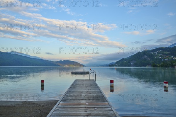 Lake, wooden jetty, bathing raft, sky, clouds, twilight, sunrise, summer, Lake Millstatt, Döbriach,