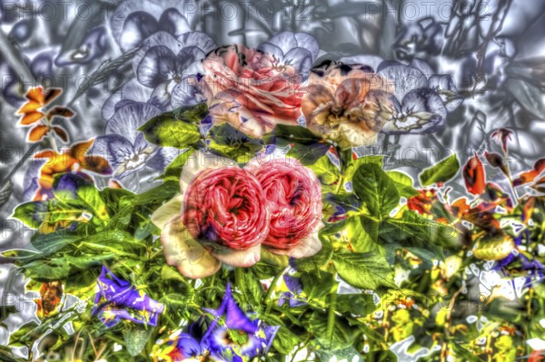Oil painting, rose (Rosa), pink flowers, flowers creative, different plants mixed, violet (Viola),