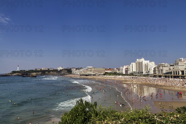 View from above of coastline, skyscrapers and beach, Grand Plage in summer, Biarritz, Basque Coast,