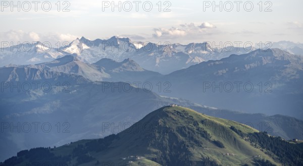 Evening atmosphere, view of Reichenspitze and Zillertal Alps, in front Hohe Salve, dramatic
