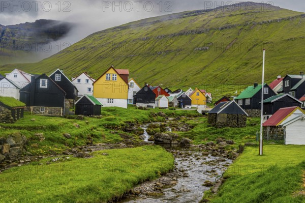 Colourful houses in the village of Gjogv, Estuyroy, Faroe islands, Denmark, Europe