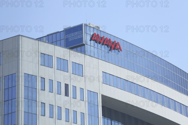 Roof of American Express skyscraper 75m with inscription Avaya, bank, financial institution,