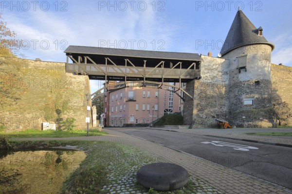 Historic town fortification with Helmswart Tower and wooden bridge, Andernach,
