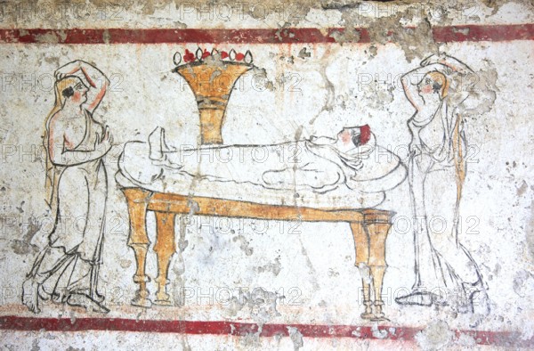 Tomb painting from a chamber tomb from ca 480 B. C. Lucanian period, in the Museum of Paestum,