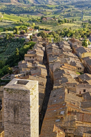 View from the tower, Torre del Palazzo del Popolo on Via San Giovanni with the Porta San Giovanni,