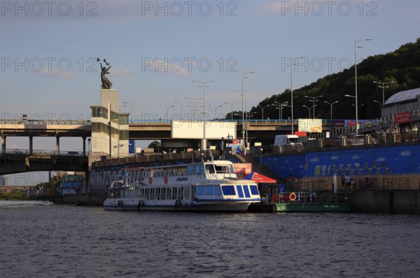 Boat landing stage on the Dnieper River and excursion boats, Kiev, Ukraine, Europe