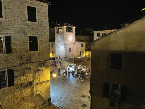 Clock Tower at Od Oruzja Square in the Old Town of Kotor, historical, Bay of Kotor, Adriatic Sea,