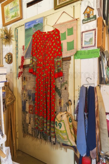 Red dress, ties and paintings for sale inside second hand goods and chattels store, Quebec, Canada,