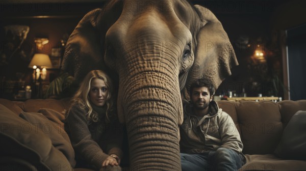 A young couple sitting uncomfortably on the couch together ignoring the elephant in the room.