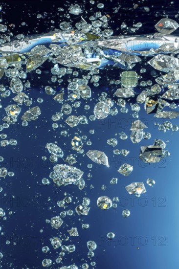 Diamonds falling into the water with splashes, bubbles, AI generated