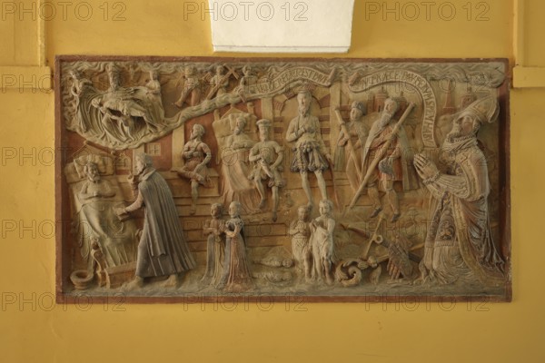 Gothic relief with stone foundation deed with prince bishop and figures by Hans Rodlein 1576,