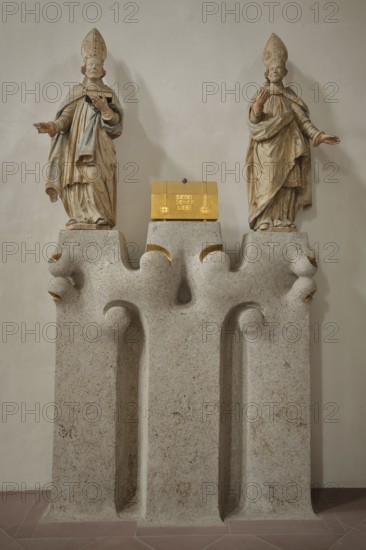 Two sculptures Saint Burkardus and Boniface with inscription in the golden chest Seal of his love,
