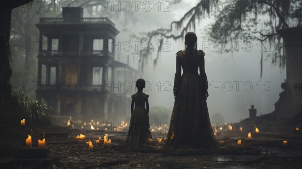 Eerie haunting ghostly silhouetted female and child figures walking in front of a foggy southern