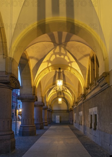 Arcades of New Town Hall building by night, Untermarkt, Görlitz, Goerlitz, Germany, Europe