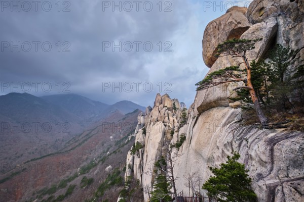 View of stone and rock formations from Ulsanbawi rock peak in stormy weather. Seoraksan National