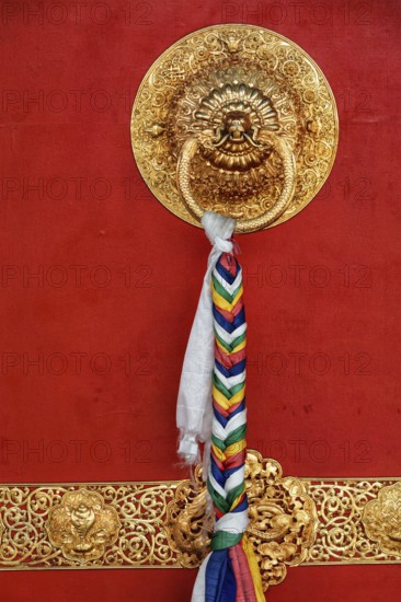 Lion shaped door handle in Buddhist temple. Kaza Monastery, Kaza, Spiti Valley, Himachal Pradesh,