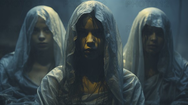 Three mysterious teenage girls wearing silk sheets over their heads, generative AI