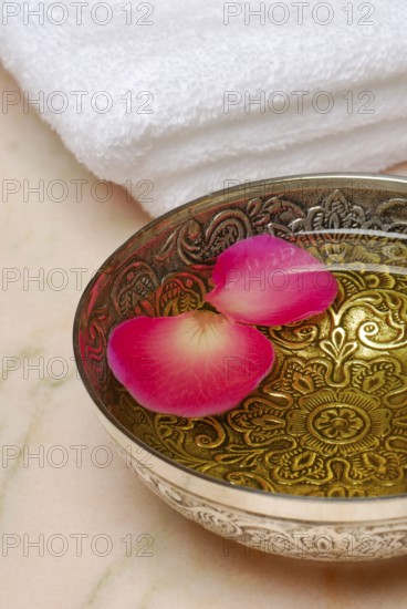 Bowl with massage oil and rose petals, massage oil, rose petals, oil, rose petals