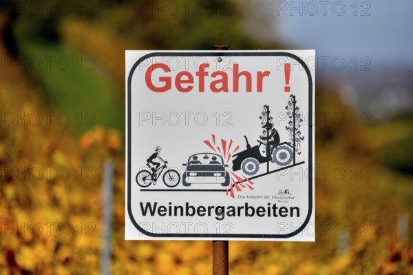 Signboard danger vineyard work, near Durbach, Ortenaukreis, Black Forest, Baden-Württemberg,