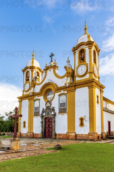 Facade of a historic baroque church in the city of Tiradentes in Minas Gerais, Brasil