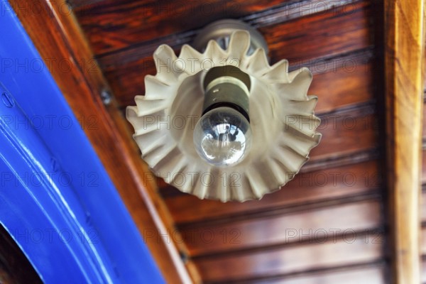 Nostalgic ceiling lamp, blue tram, Tramvia Blue, Art Nouveau, detail, Barcelona, Spain, Europe