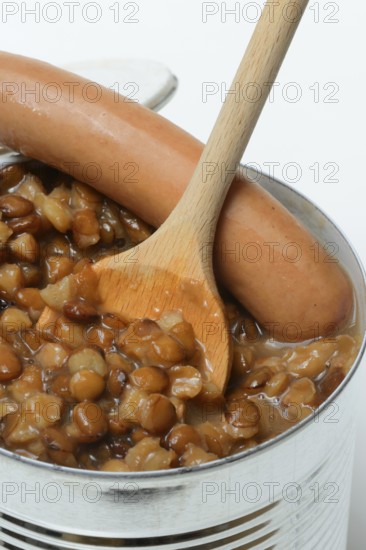 Lentil (Lens culinaris) dish and sausages in tin, lentil