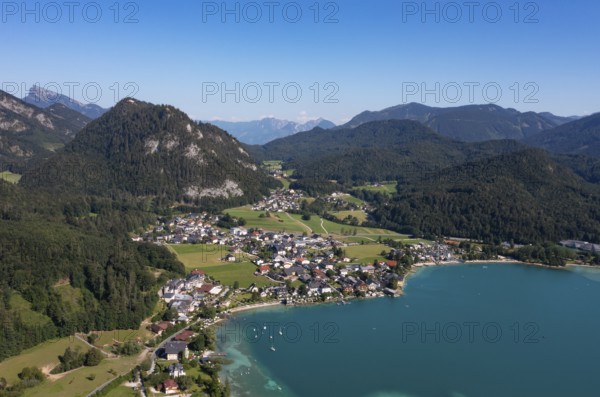 Drone shot, panorama shot, Fuschlsee, Fuschl am See, Alpine foothills, Salzkammergut, Land