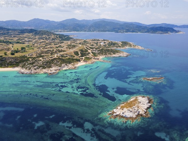 Aerial view, ghost town and beach, Kriaritsi, Sithonia, Chalkidiki, Central Macedonia, Greece,