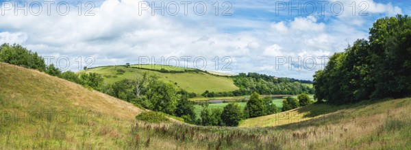 Panorama of Sharpham Meadows and Marsh over River Dart from a drone, Totnes, Devon, England, United