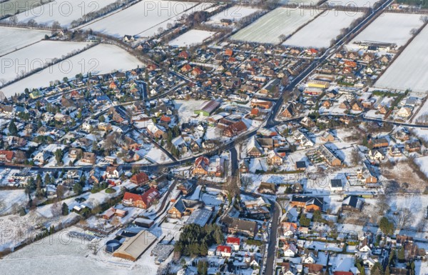 Aerial view of Stapelfeld in winter, snow, village, Stormarn district, Schleswig-Holstein, Germany,