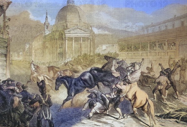 The Carnival in Rome, free horse racing on the corso, 1869, Italy, Historical, digitally restored